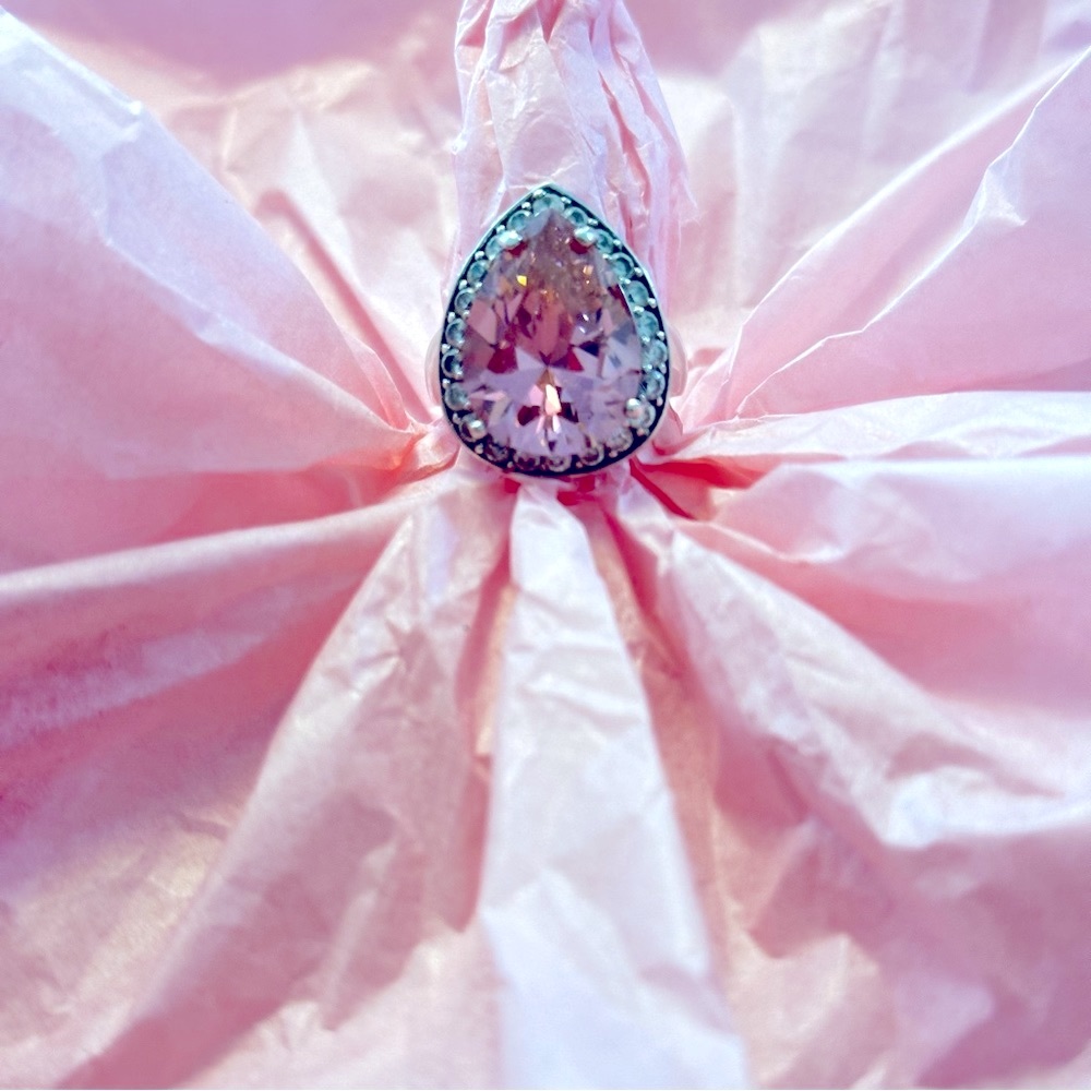 Sterling Silver w/ Pear Shaped Pink Sapphire Stone and Diamond Chips